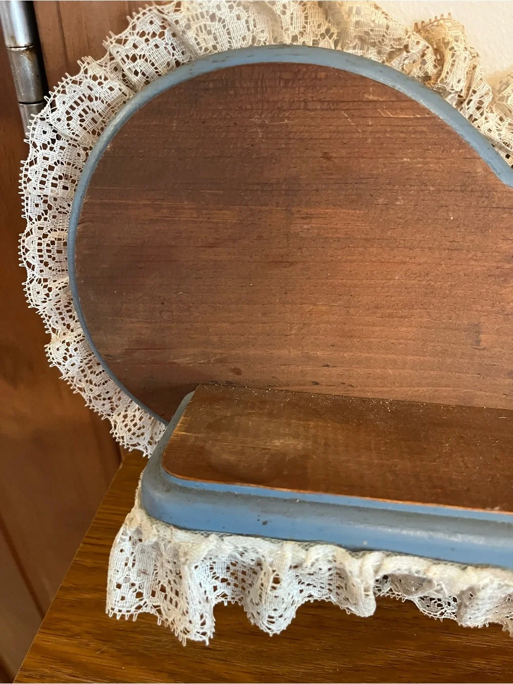 Wooden Heart Shape Shelf with Blue Trim and White Lace